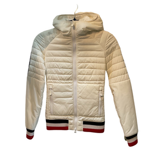 Stylish Women's Cream Ski Jacket with Red and Blue Accents
